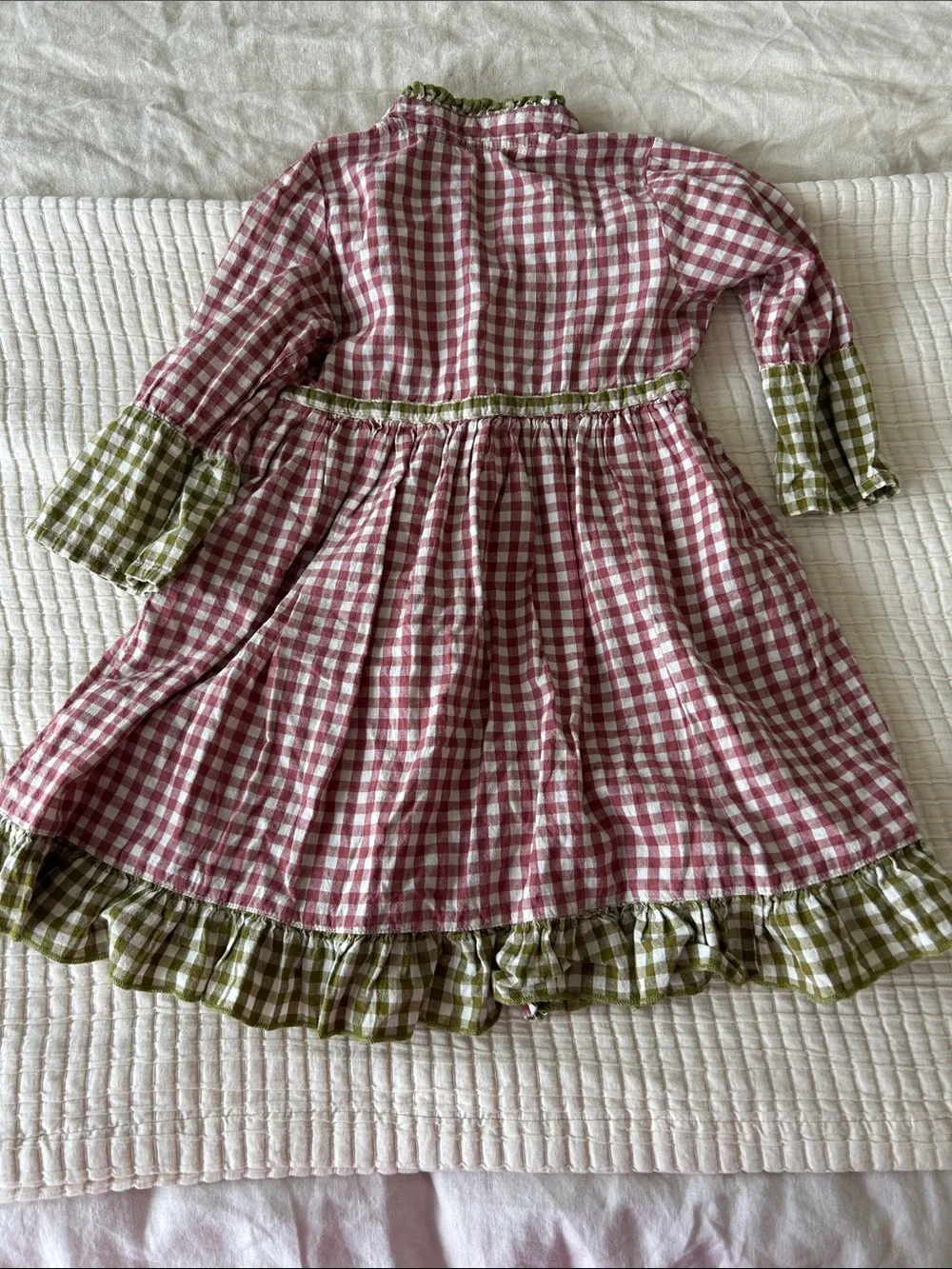 Pink Gingham Button-Front Kids Dress with Olive Accents